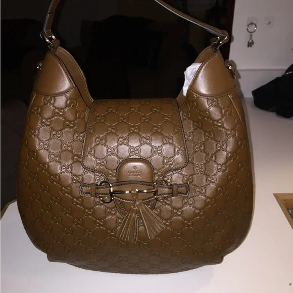 Gucci Embossed Brown Leather Hobo Bag. Size 14.5x13 Tall. - Picture 2 of 10